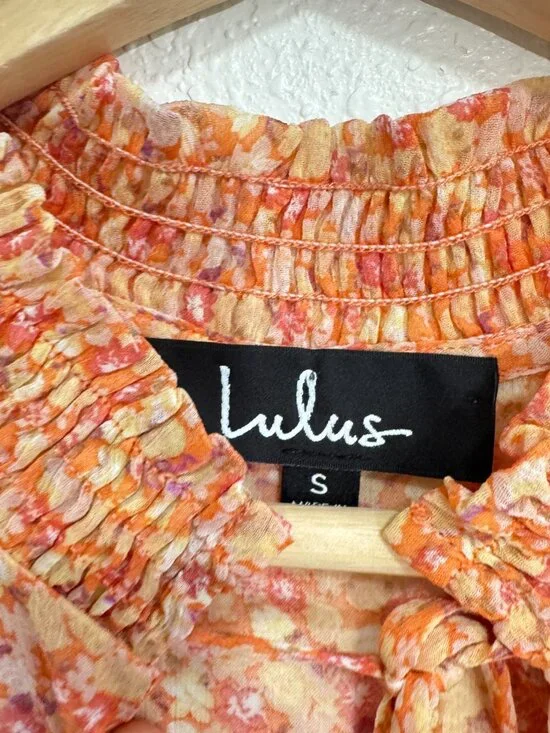 LULUS Lovely Thoughts Peach Floral Print Ruffled Long Sleeve Bodysuit Small - Picture 7 of 8